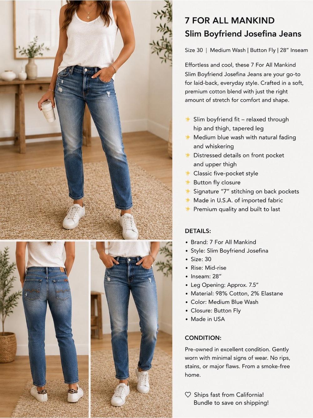 7 For All Mankind Slim Boyfriend Josefina Jeans - Medium Blue Wash